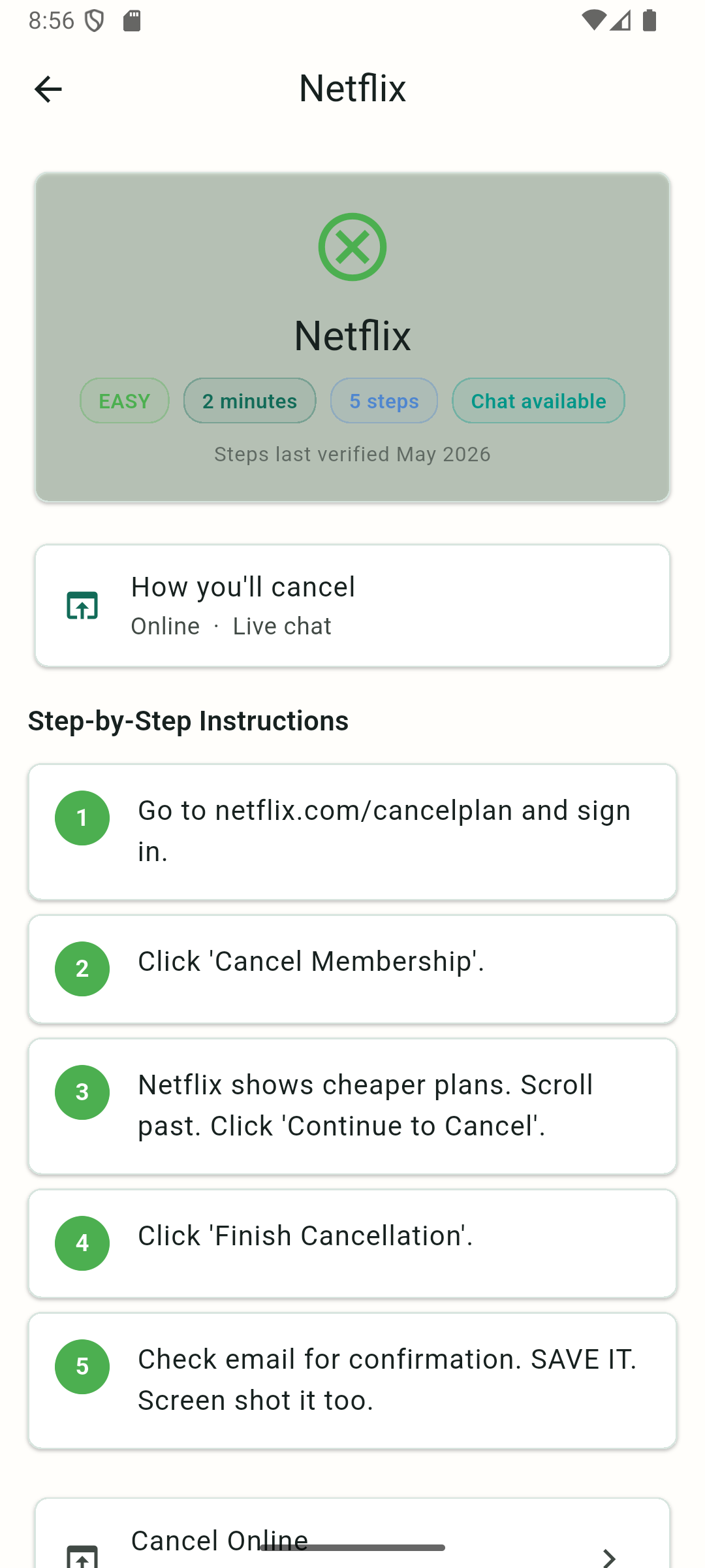 DropSub cancel coach detail screen for a supported service