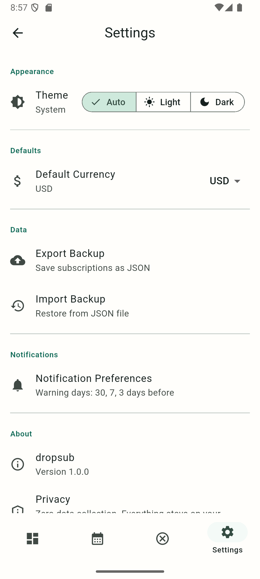 DropSub settings screen with theme, backup, notification, and privacy options